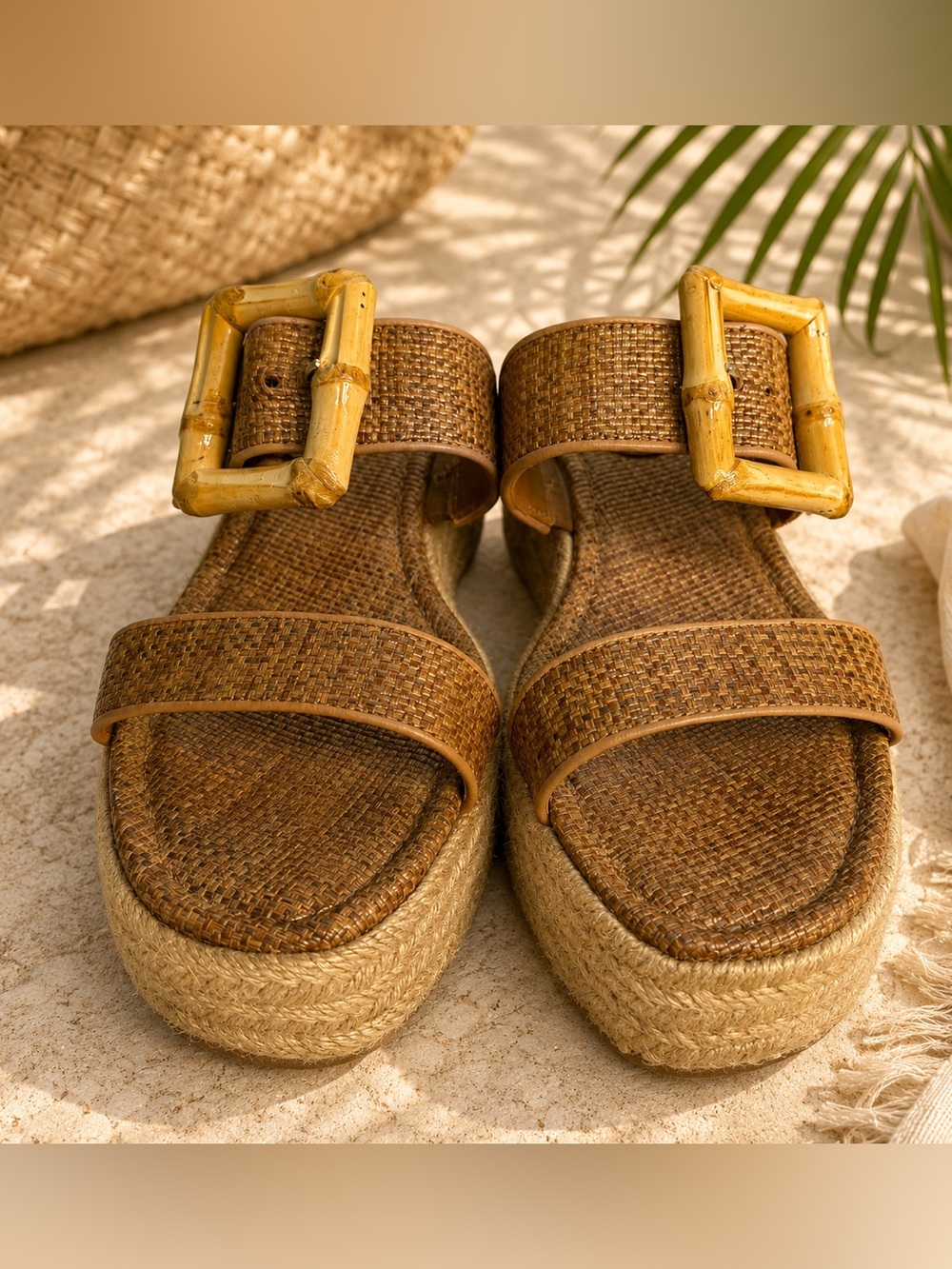J. McLaughlin Fleur Raffia Espadrille Platform Wedge Sandals Bamboo Buckle Sz 6 - Picture 6 of 8